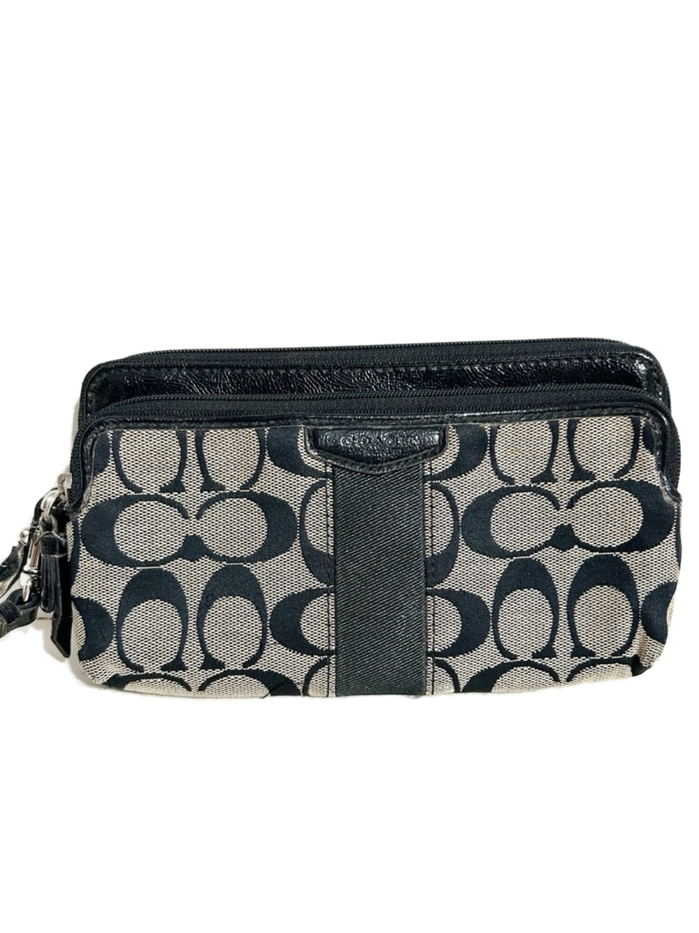 Coach Black Gray Signature C Jacquard Double Zip Wristlet Wallet Clutch